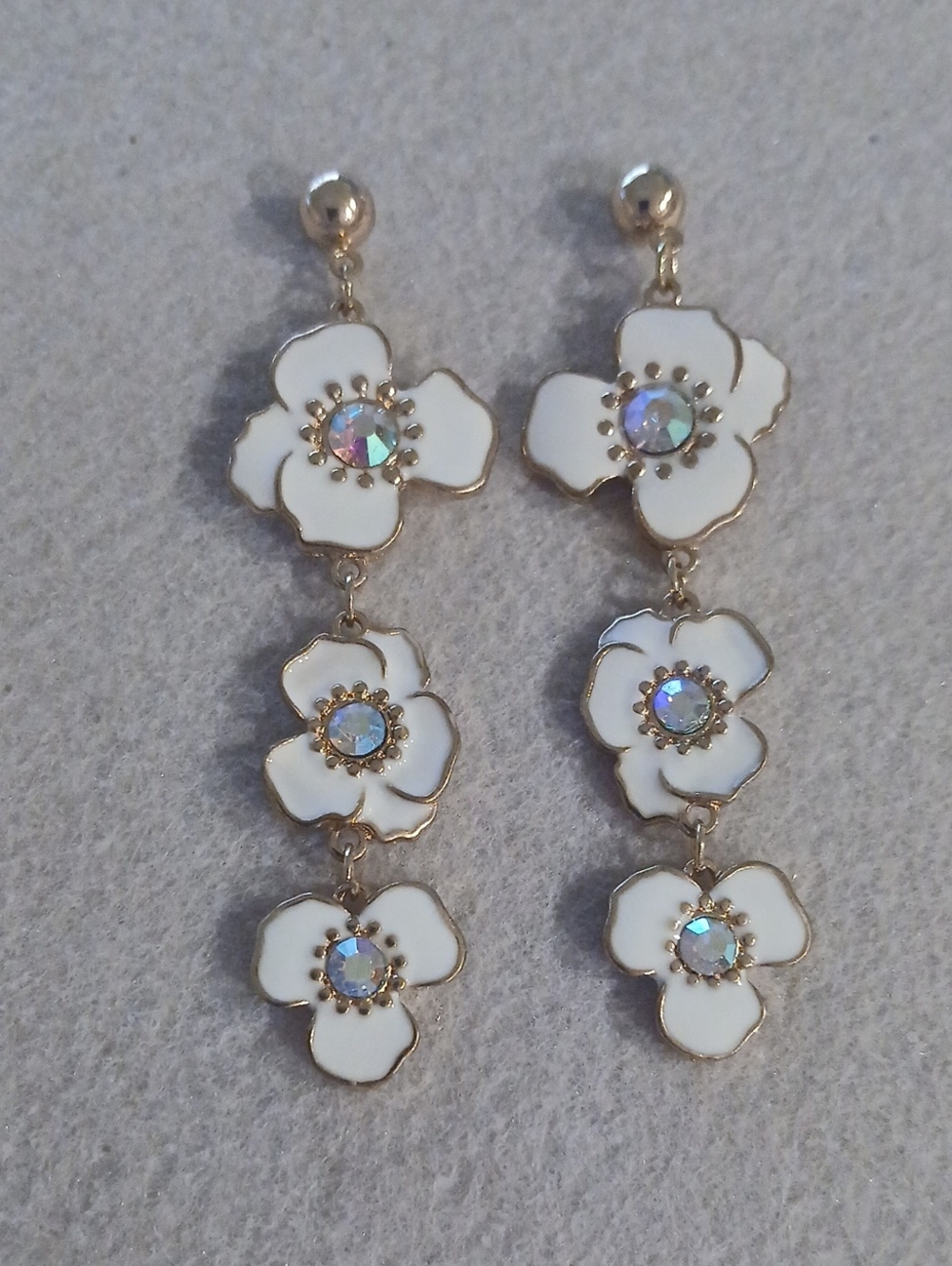 221- White Enamel Cherry Blossom Floral Drop Earrings with Aurora Crystal